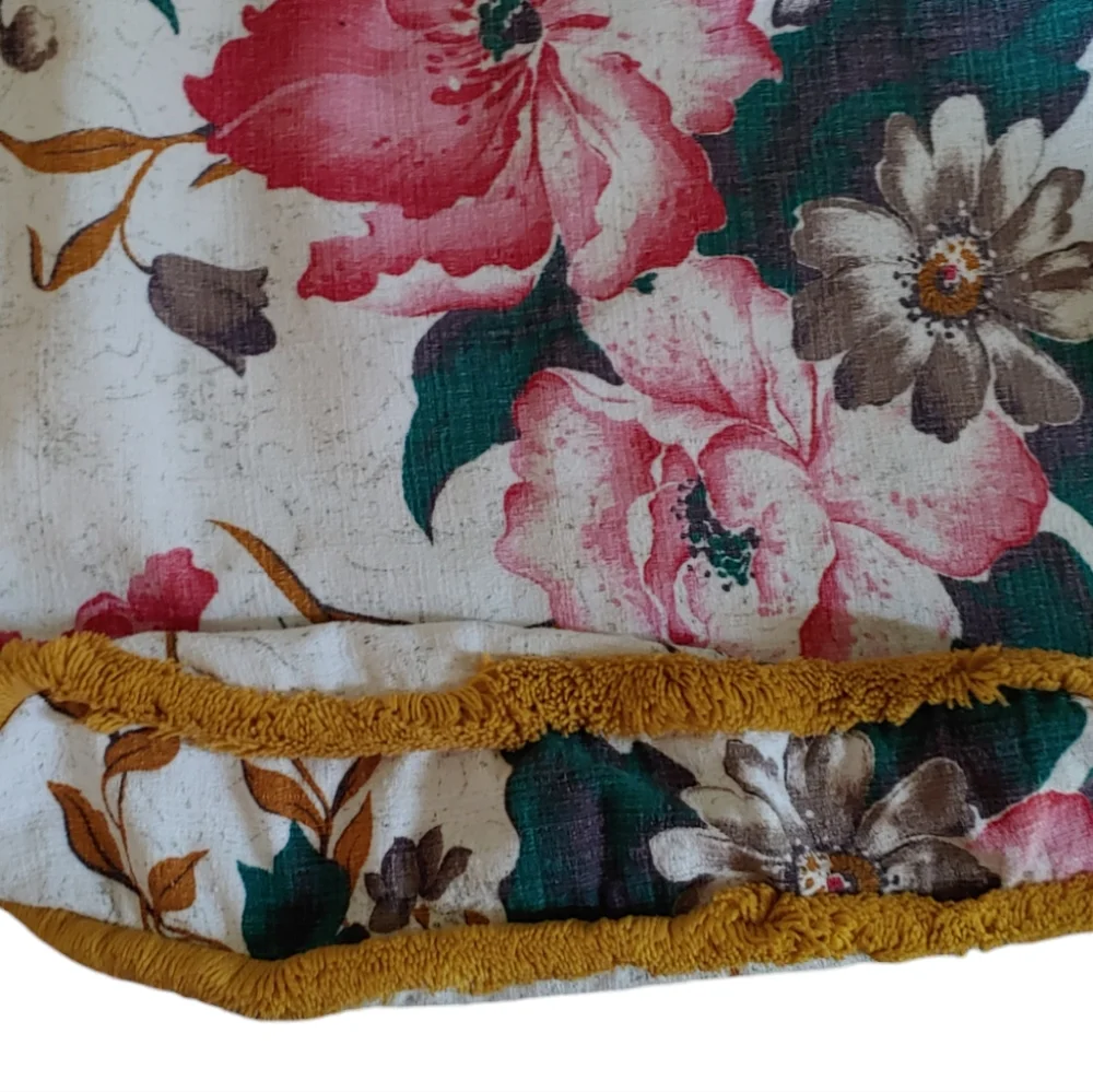 Vintage Barc Cloth Cushion Cover Floral Pattern Edged in Gold Fringe